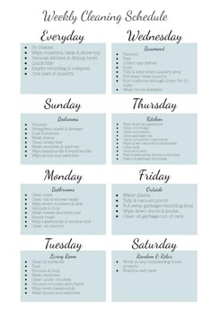 the weekly cleaning schedule is shown in black and white, with blue trimmings