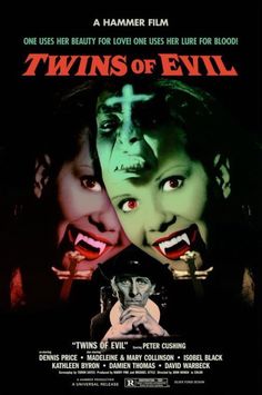 the movie poster for twins of evil, which features two women and one man with red eyes