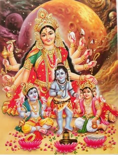 the hindu god with his family in front of an image of planets and stars on it