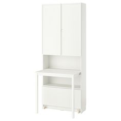 a white cabinet with two doors on the front and one door open to reveal a shelf