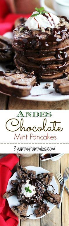 chocolate mint pancakes with whipped cream on top and the words, an indies chocolate mint pancakes