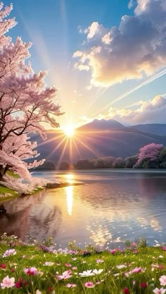 the sun shines brightly through the clouds over a lake with pink flowers in bloom