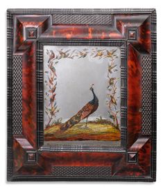 a painting of a peacock in a wooden frame