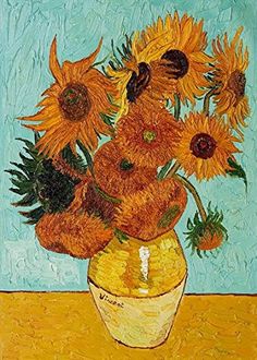 a painting of sunflowers in a vase on a table