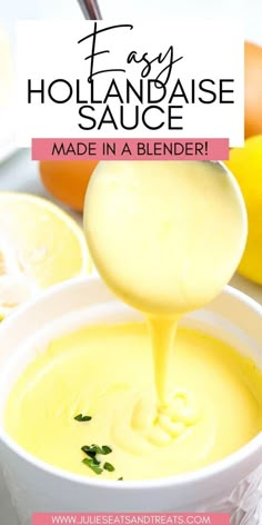 a spoon pouring sauce into a white bowl with lemons and other fruits in the background