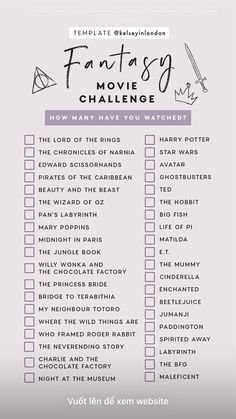 the fantasy movie challenge checklist is shown in purple and white with black writing on it