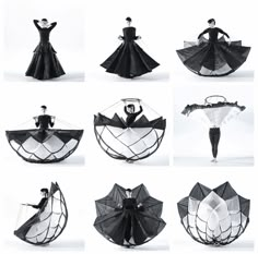 black and white photographs of umbrellas with woman in dress standing on one side, holding an umbrella up to the other