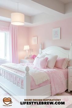 a bedroom with pink walls and white furniture