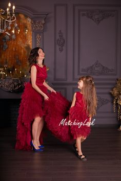 Mommy and Me Dress, Mother Daughter Matching Dress, Formal Photoshoot Dress Feel like a gueen and princess in this adorable trendy hi low burgundy dresses with tulle multilayered bottom with train and removable bow, open back and lace top part With this high low tulle dress with open back you will have many compliments. Dresses can be worn with heels, flats or even sneakers. Different colors and color combinations are possible. SIZES AND CUSTOMISATION Dresses are tailored to order in any standar Red Ruffled Tutu Dress For Wedding, Red Sleeveless Tulle Dress, Sleeveless Red Tulle Dress, High Low Tulle Dress, Grey Flower Girl Dress, High Low Ruffle Dress, Baby Girl Birthday Dress, Mother Daughter Dresses Matching, Mother Daughter Dress