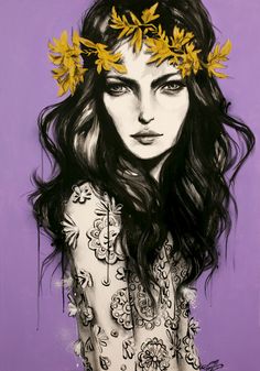 a painting of a woman with long hair and flowers in her hair, on a purple background