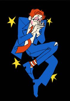 a drawing of a man in a suit and tie with stars around his feet, holding a cell phone