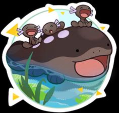 an animal sticker with three little animals on it's back and one is swimming in the water