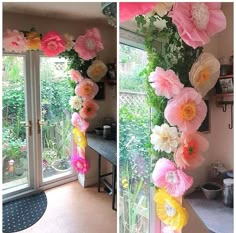 two pictures of flowers hanging from the ceiling in front of a window, and another photo of an outside room