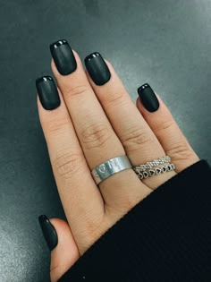 Black Matt French Tip Nails, Unique Black Nails Short, Black Nails With Black French Tip, Matte Black Glossy Tip Nails, Black French Tip Nails Matte And Glossy, Glossy French Tip Nails Matte, Black French Matte Nails, Matte Black With Glossy Tips, Short Matte Black Nails With Glossy Tips