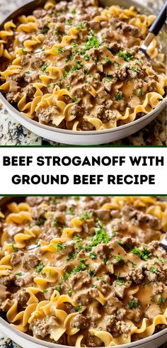 beef stroganonoff with ground beef recipe in a skillet and before and after