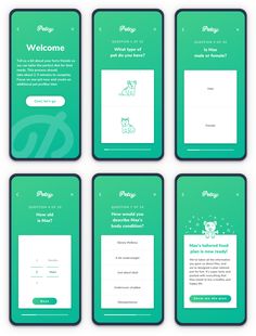 four green and white mobile app screens with the words welcome, welcome, hello kitty