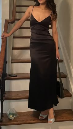 Silk Formal Dress Classy, Sleek Black Dress Classy, Long Black Dress Silk, Silk Black Dress Long, Black Long Slip Dress Outfit, Black Silk Dress Aesthetic Long, Long Sleek Black Dress, Black Dress Outfit Graduation, Black Silk Dress Formal