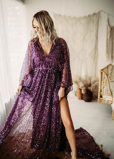 This listing is for a beaded Diamonds Dress or Robe- comes with a medium train, you can make it shorter or longer. This listing is in plum, but it comes in gold, silver, red, black and teal as well. By default it fits 0-16, and tightens at the waist for a perfect fit. It is also set at 5'8 by default. Let me know if you need something different in the notes at checkout. If you need a larger size, it's possible. Very pretty fabric with sequins, beads, and pearls. This is a pre-order and can take Diamonds Dress, Black Glitter Dress, Purple Sequin Dress, Magical Dress, Dress Pearl, Dresses For Weddings, Lace Dress Boho, Purple Bridesmaid Dresses, Diamond Dress