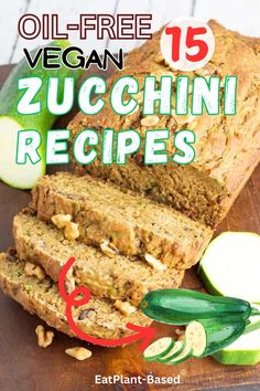 an image of sliced zucchini bread on a cutting board with text overlay