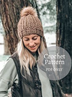 a woman wearing a knitted hat and vest in the woods with text overlay that reads crochet pattern