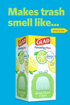 a carton of glad with lemons on it and the caption makes trash smell like