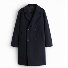 Nwt Zara Mens Double-Breasted Cloth Coat Navy Blue Blue Double-breasted Peacoat With Notch Lapel, Classic Blue Double-breasted Peacoat, Classic Blue Pea Coat With Double Button Closure, Navy Pea Coat With Double Button Closure For Business, Blue Wool Pea Coat With Double Button Closure, Navy Pea Coat With Double Button Closure For Office, Blue Winter Outerwear With Hidden Button Closure, Blue Outerwear With Hidden Button Closure For Winter, Blue Peacoat With Double Button Closure For Office