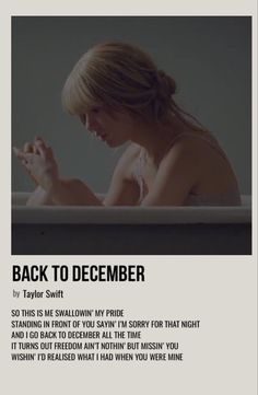 a woman sitting in a bathtub with her hand on her chest and the caption back to december