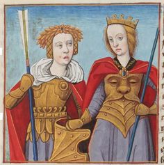 two women dressed in medieval clothing holding swords and armor, one wearing a golden helmet