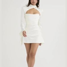 Fitted High Neck Dress For Date Night, White High Neck Mini Dress For Party, Chic High Neck Ruched Mini Dress, High Neck Bodycon Dress With Back Zipper, Chic White Long Sleeve Party Dress, Evening Long Sleeve Fitted Bodice Bodycon Dress, Elegant High Neck Ruched Mini Dress, High Neck Ruched Dress For Date Night, Long Sleeve Midi Dress With Fitted Bodice For Party