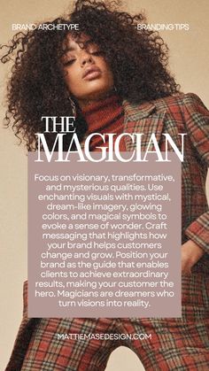 a woman with curly hair wearing a plaid suit and turtle neck sweater is featured on the cover of the magazine, the magician