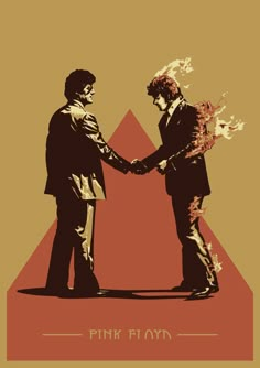 two men shaking hands in front of a red and yellow background with the words pink floyd on it