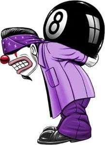 a cartoon character wearing a purple outfit and holding a black ball