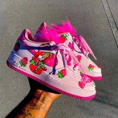 Strawberry Shortcake Air Force Ones Strawberry Nike Shoes, Customized Air Forces, Customize Jordans, Strawberry Shortcake Shoes, Custom Dunks Low, Customized Nikes, Custom Shoes Air Force, Custom Shoes Design, Custom Jordan Shoes