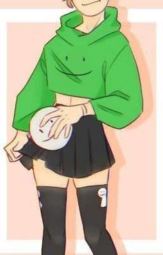 a drawing of a girl in green shirt and black skirt holding a white frisbee