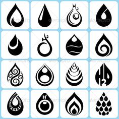 the different types of water drop icons are shown in black on a white square background