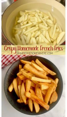 french fries are in a bowl on the counter next to an image of crispy homemade french fries