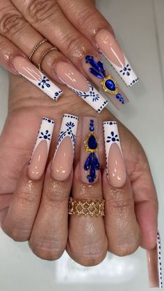 Blue Nails Mexican, Virgin Mary Charm Nails, Long Mexican Nails, Fuerza Regida Concert Nails, Ranchera Nails, Clase Azul Tequila Nails, Classic Long Nails