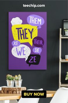 there is a purple and yellow poster on the wall above a table with two white chairs