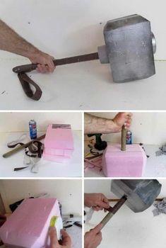 there is a pink cake being made with a hammer and some other things on the table