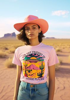 Friends In Strange Places Tee | Womens UFO Shirts | Alien Graphic T-Shirt – kaeraz Alien Cowgirl, Animal Kingdom Shirts, Greeting Poster, Alien Shirt, Space Cowgirl, Strange Places, Cowgirl Shirts, Cow Girl, X Files