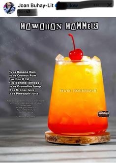 an advertisement for hawaiian hamer featuring a drink with a cherry on top