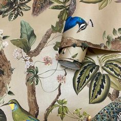 a wallpaper with birds, flowers and leaves on the background is an image of a birdhouse