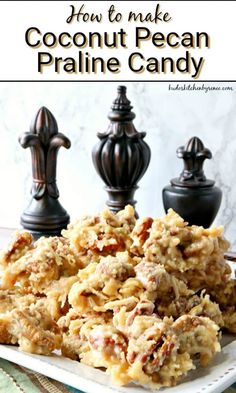 coconut pecan pralie candy on a white plate