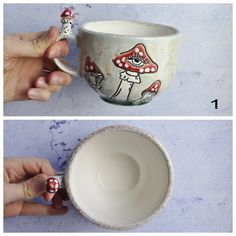 two pictures showing how to decorate a coffee cup with mushrooms on the inside and outside