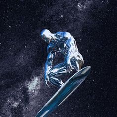 a silver man on a surfboard in the air with stars and space behind him