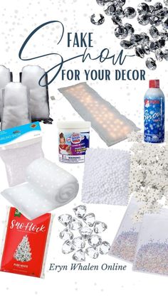 some items are laying out on top of each other with the words fake snow for your decor above them