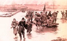 a group of men walking across a river next to a boat filled with people holding flags