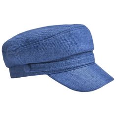 a blue hat is shown on a white background and it's made out of linen