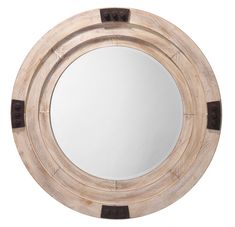 a round wooden mirror with leather straps around it's edges and an oval frame