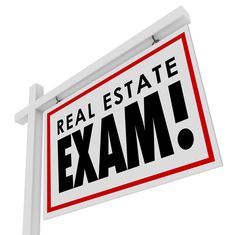 a real estate sign with the words exam written on it in black and red letters